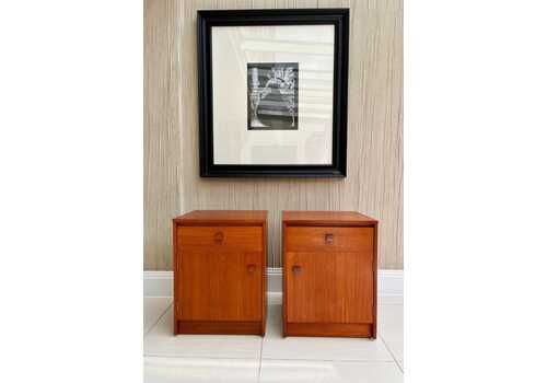 Pair Of Danish Mid Century Teak Bedside Cabinets – Matching Left & Right Cupboards – Domino Møbler Style