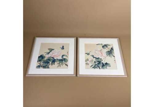 Two Vintage Oriental Paintings On Silk Butterfly & Flowers Botanical Art Floral Pink Peonies Pale Wood Frame Set Of 2 Wall Decor Square