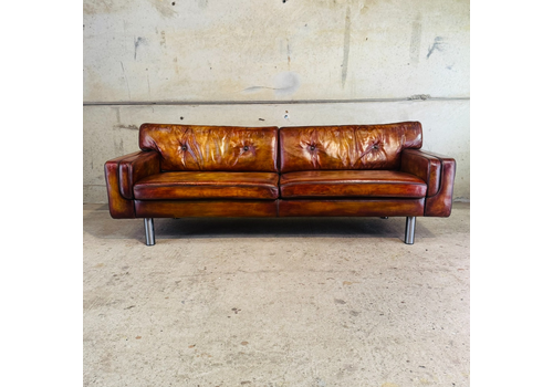 Long Vintage Danish Tan Leather 3 Seater Sofa – Deep Seated Elegant Design #A663