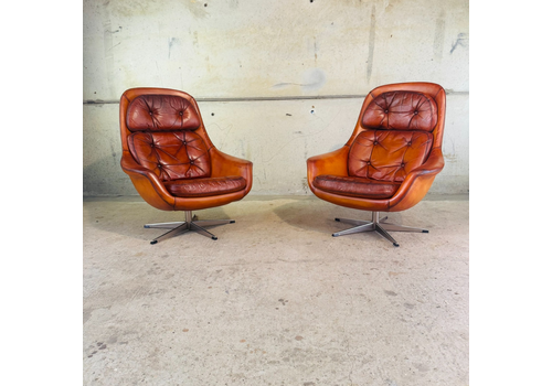 Vintage Danish Pair Of Tan Leather Swivel Egg Chairs – Chrome Base #A670