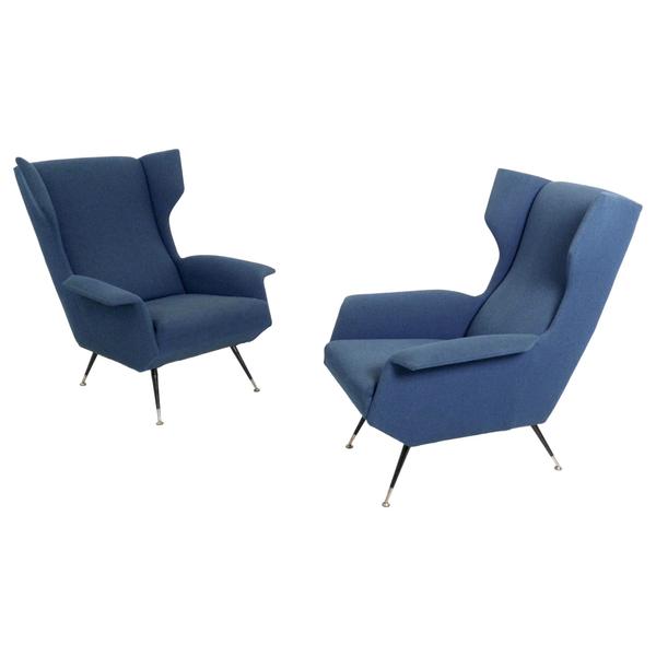 Pair Of Ultramarine Fabric Armchairs With Varnished Metal Legs