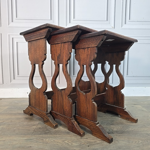 Antique Vintage Solid Oak Nest Of 3 Tables – Jacobean Revival Shaped Supports photo furniture