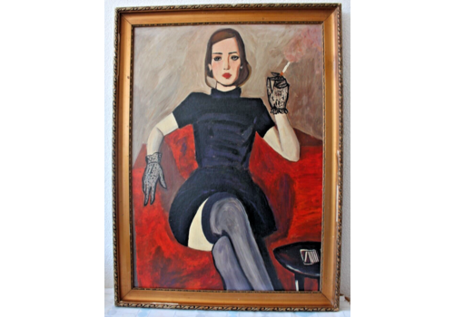 Fine Antique Modern Figurative Woman Model Abstract Painting Old Vintage 1950s