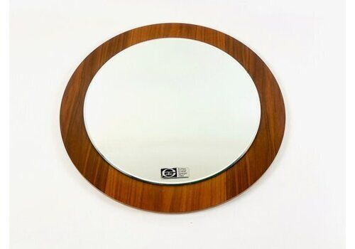 Mid Century Modern Wall Round Mirror In Teak From Elite, 1970s