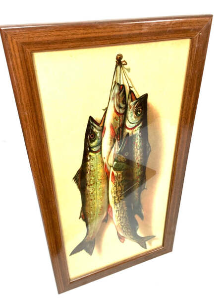 Vintage Set Of Three Frank Airey Picture Prints Trout & Pickerel Wall Hanging photo for sale