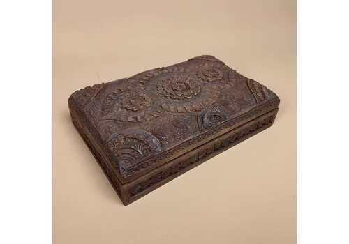 Vintage Hand Carved Wooden Jewellery Trinket Box Floral Design Indian Asian Sheesham Wood Carvings Small Jewellery Keepsake Box Table Decor