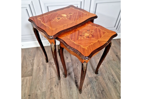 Antique Vintage Parquetry Inlaid Wooden Nest Of 2 Tables  Queen Anne Legs
