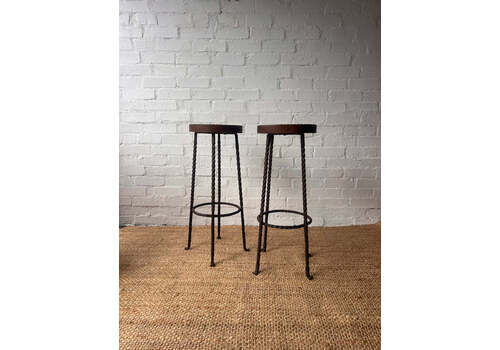 Pair Of Brutalist Wrought Iron Bar Stools