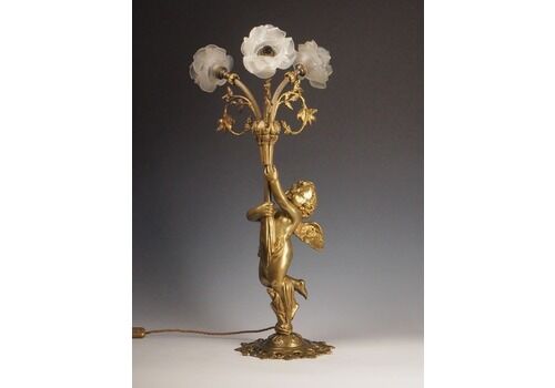 Antique French Gilt Bronze Cherub Table Lamp With Glass Roses – Circa Late 19th Century