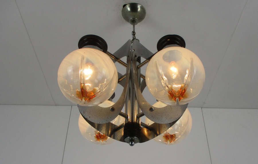 Design Mazzega Murano Chandelier 5 Lights Art Glass Chrome Space Age Italian photo furniture