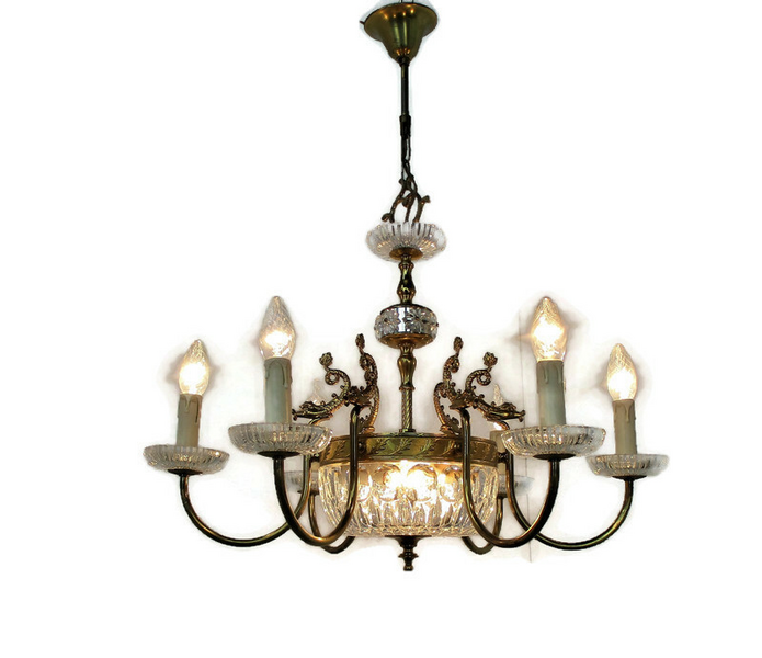 French Chandelier Ornate Brass Crystal Prisms Hollywood Regency Fish Wow 8 Light photo furniture