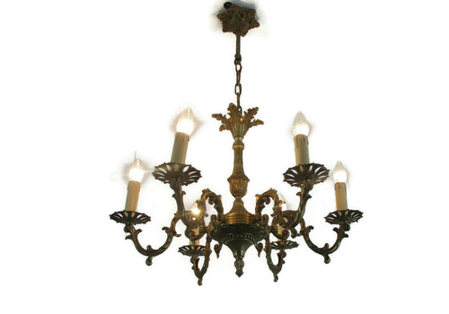 Chandelier 6 Lights Brass Hollywood Regency Ornate Mid Century Modern Vintage