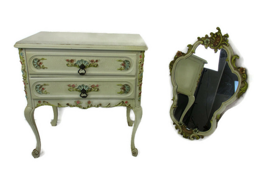 French Provincial White Crackled Chest Of Drawers Wood With Mirror Florentine