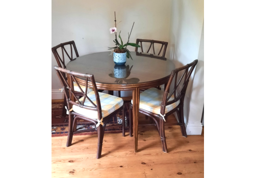 Vintage Wooden Round Dining Table With Glass Top And Four Bamboo Dining Chairs