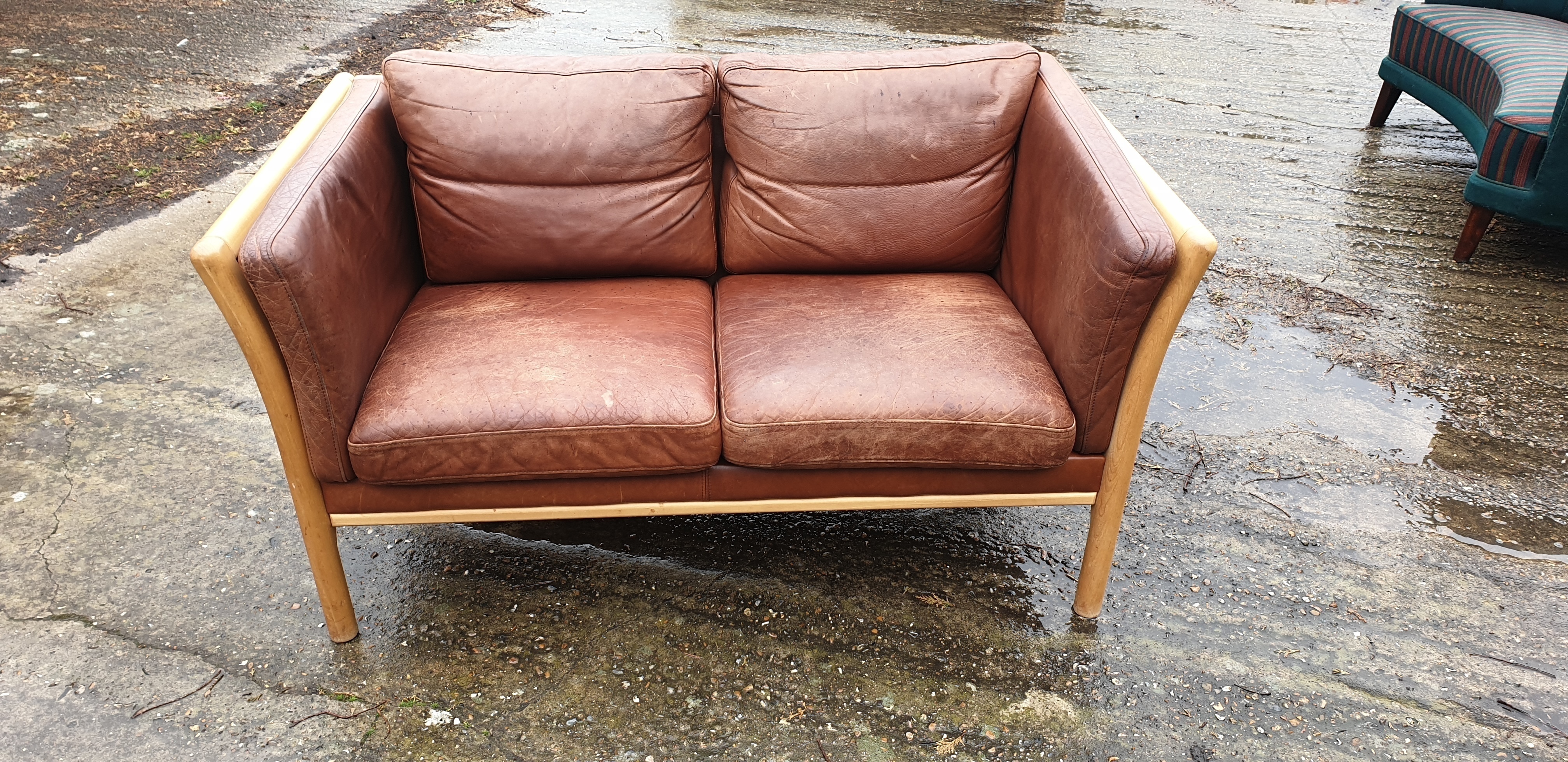 Danish 2 Seater Brown Leather Sofa Vinterior