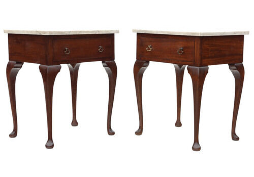 Antique C.1910 Pair Of Low Mahogany Bedside Tables With Marble Tops – Fine Quality Nightstands Or Lamp Tables