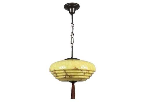 Art Deco Marbled Cream Opaline & Bronze Pendant With Tassel, Germany 1920s 1930s