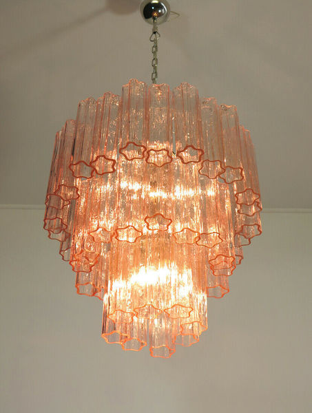 Three Tier Murano Glass Tube Chandelier 48 Pink Glasses, Mid Three Tier Murano Glass Tube Chandelier 48 Pink Glasses, Mid