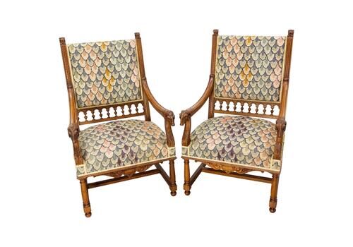 Pair Of French Open Armchairs Louis XIII Fauteuils Goat And Lion Heads C. 1900