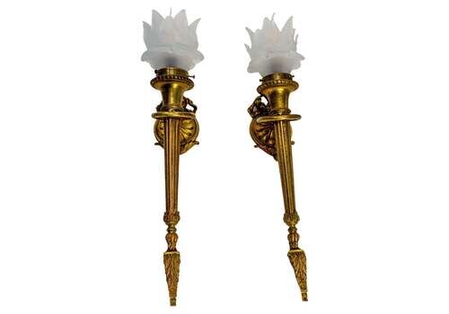 Pair Of Brass & Frozen Glass Sconces From Louis XVI Style Late 19th Century