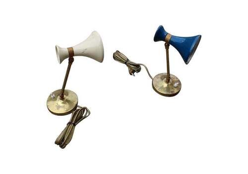 Coppia Di Lampade Da Tavolo Italia 1950 In Ottone E Metallo Smaltato Blu E Beige