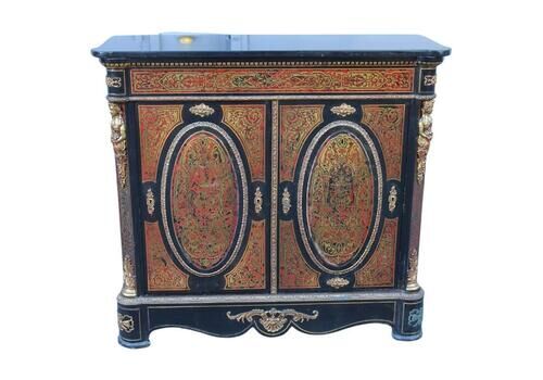 Cabinet French Napoleon III Black Marble And Inlays André Charles Boulle
