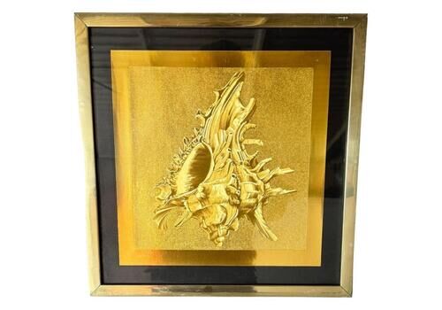 Modern Embossed Gold Shell Artwork, Luxurious Metallic Finish & Layered Framing