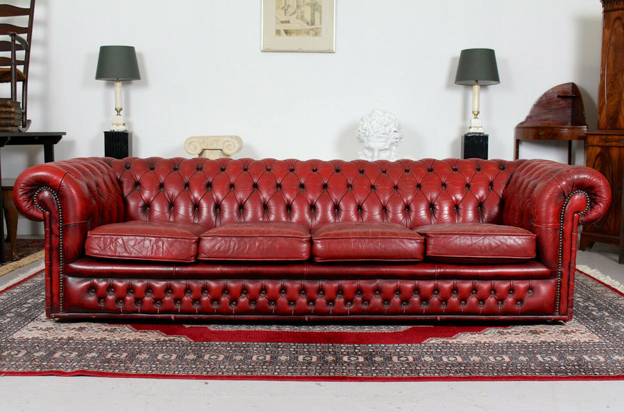 Large Chesterfied Sofa 4 Seater Red Leather Button Tufted Vintage