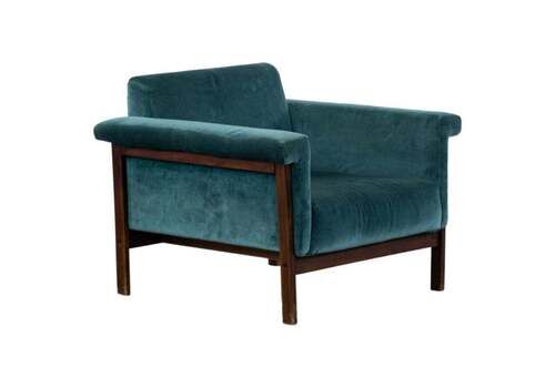 Ettore Sottsass Canada Armchair In Blue Velvet And Wood Poltronova 1960s