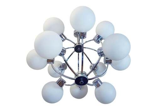 German 26" Atomic Sputnik Chandelier White Glass Globes & Chrome By Kaiser 1970s