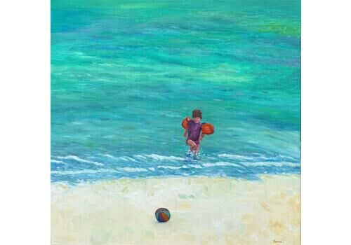 Bernadette Van Baarsen Blue And Yellow Beach Scene In Oil On Linen. 