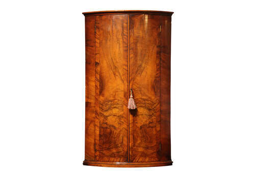 Early 19th Century Barrel Bowfront Walnut Corner Cupboard