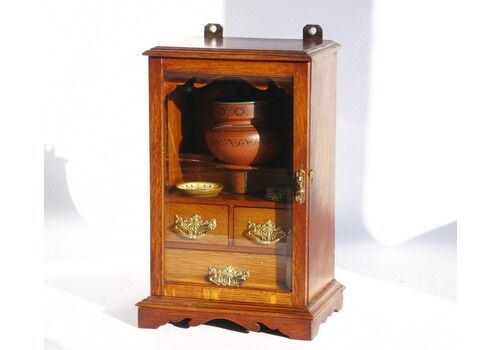 Edwardian Antique Oak Smokers Cabinet, Small Humidor Cabinet With Brass Details And Ceramic Pot With Plates, Wooden Display With Drawers
