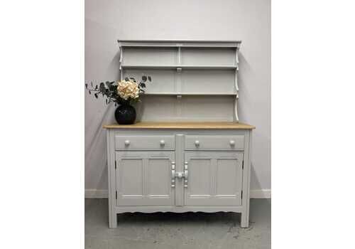 Refinished Ercol Grey Dresser – Goose Down Painted Sideboard With Display Shelves – Vintage Kitchen Hutch