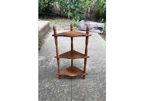 Small Vintage Wooden Corner Whatnot Shelf – 3 Tier Display Unit With Turned Supports – Traditional Style, Wall Mounted Or Freestanding
