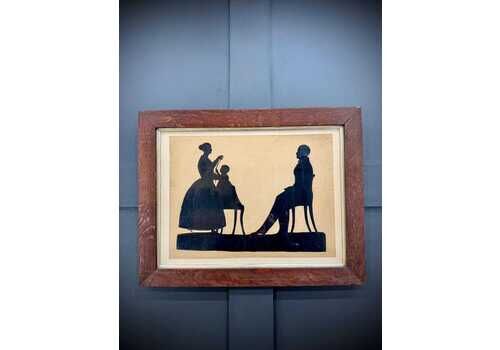 Antique 19thc Silhouette Portrait In Oak Frame – Family Scene, Signed & Rare