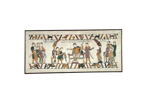 Large Bayeux Tapestry Inspired Painted Panel On Jute Canvas, 20th Century