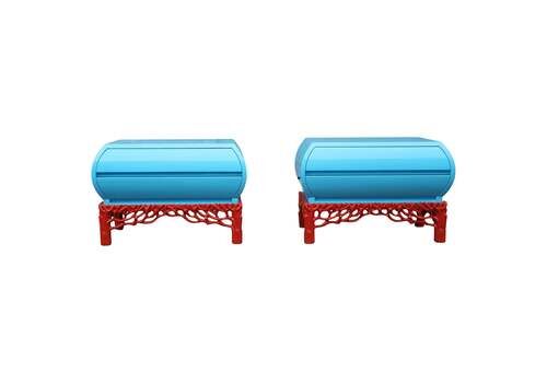 Pair Of Arpex Nightstands 1970 Italy Turquoise And Coral Red 1970 Italy