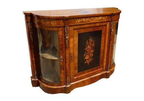 19th Century English Victorian Figured Walnut And Marquetry Credenza