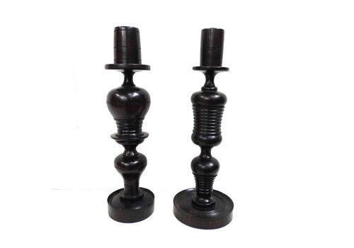 Antique Edwardian Ebony Turned Anglo Indian Candlesticks 1900c