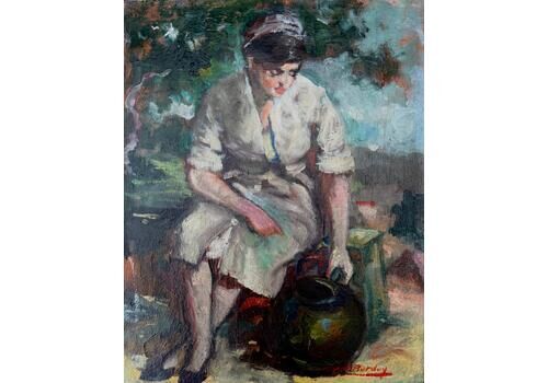 Antoni Valls Bordoy Woman With A Pitcher, Oil On Canvas C.1960