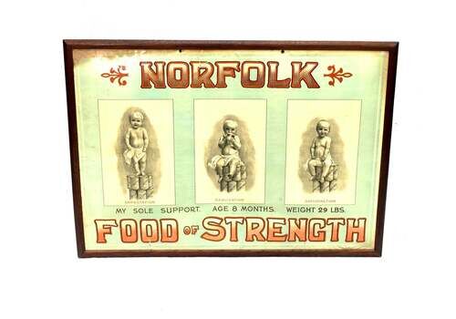 Antique Advertising Shop Display Promotional Showcard Norfolk Food Of Strength