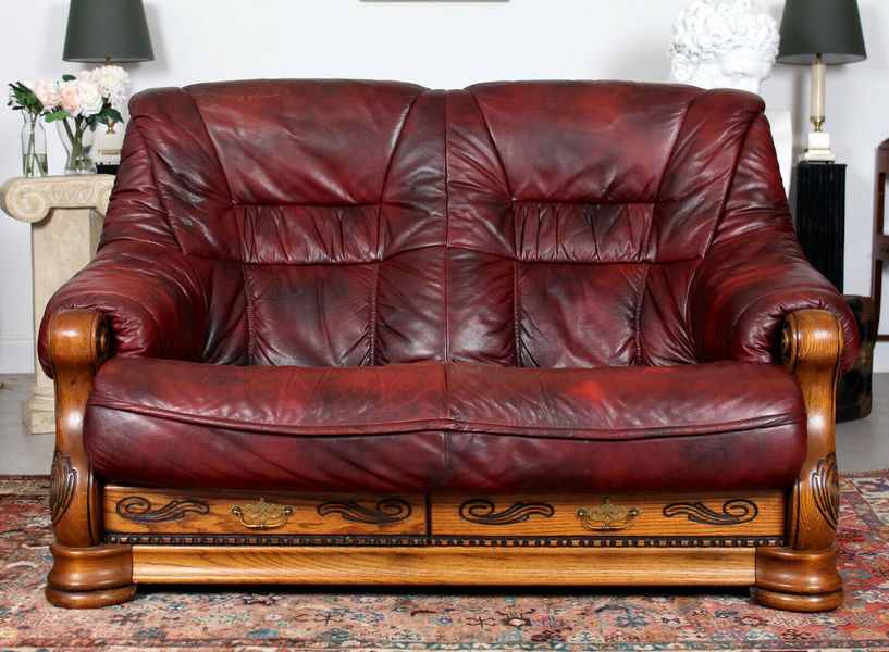 French Oak Burgundy Leather Sofa Carved Two Seater
