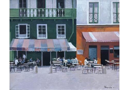 Josep Maria Vayreda Canadell Terrace On The Costa Brava, Spain. Oil On Canvas Painting Of A Spanish Cityscape. C.1990