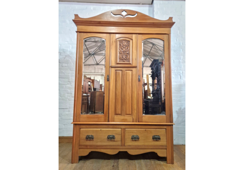 Antique Victorian Carved Satinwood Walnut Double Mirror Door Wardrobe