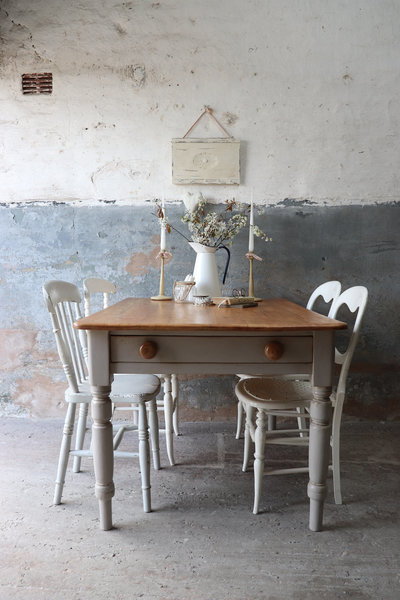 Rustic Pine Vintage Farmhouse Kitchen Table With Cutlery Drawer In