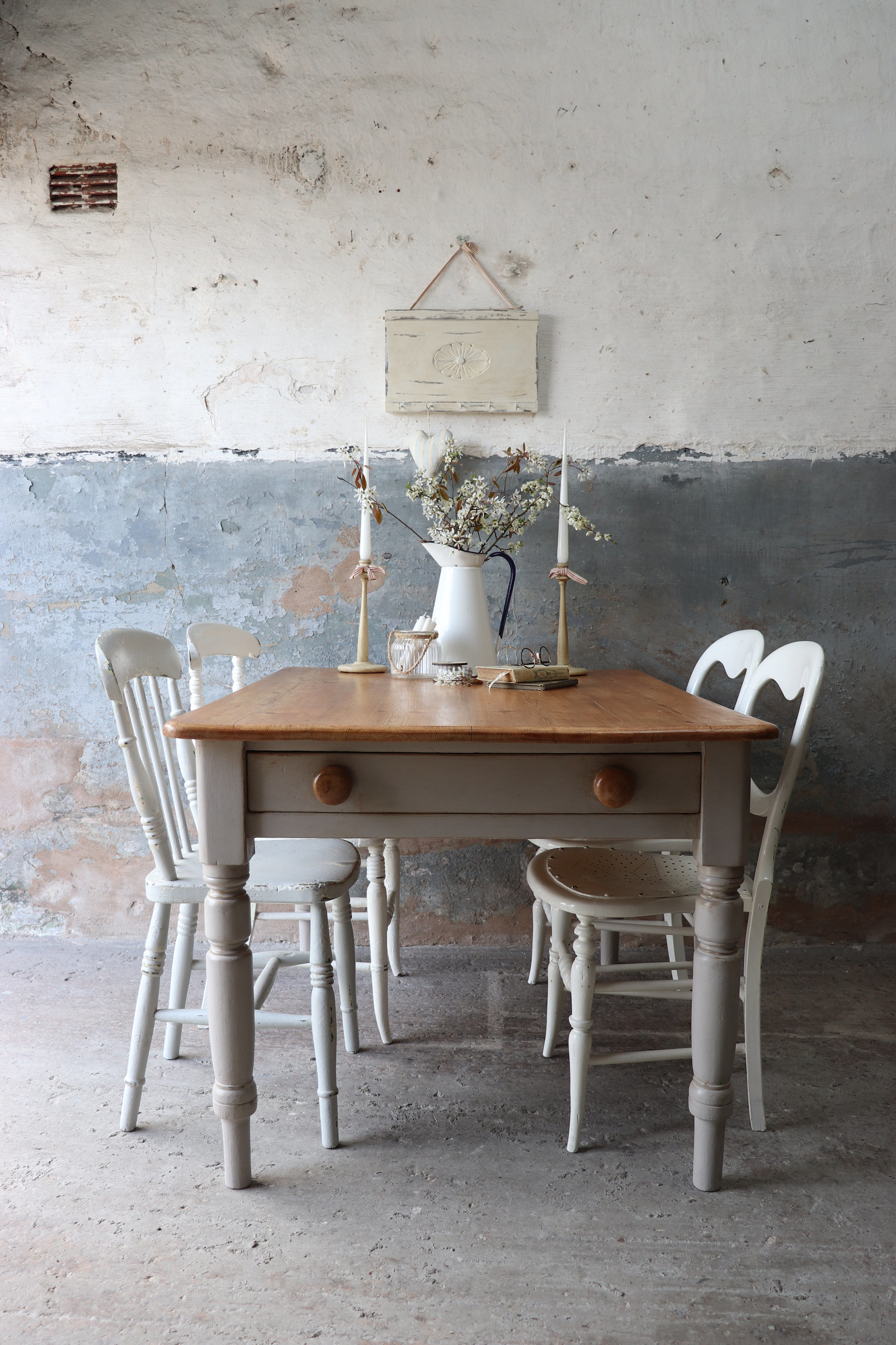 Rustic Pine Vintage Farmhouse Kitchen Table With Cutlery Drawer In