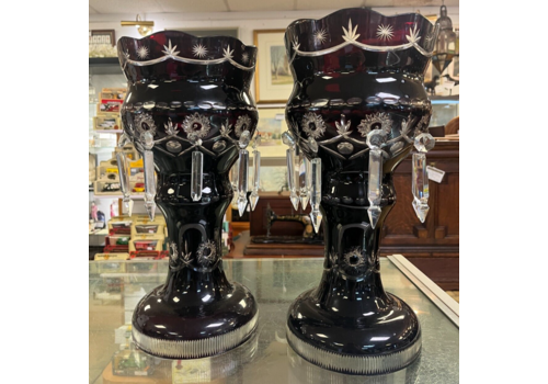 Two Antique Victorian Dark Ruby Red Glass Lustres