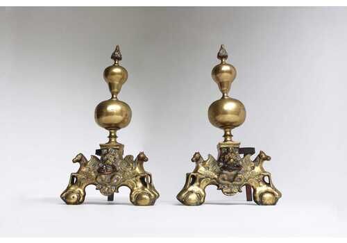 Impressive Pair Of Brass Firedogs |Pegasus Winged Horses & Lion Mask | Claw And Ball Feet | Antique Fireplace Andirons 19th Century