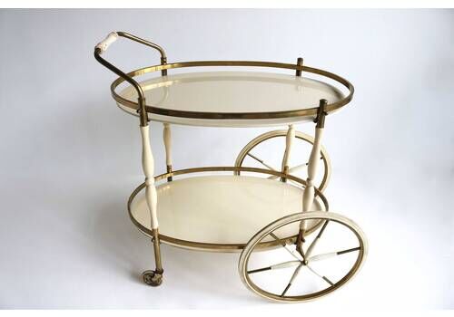 Hollywood Regency Shabby Chic Cream Lacquer Gold Oval Mid Century Wedding Bar Cart Neoclassical Serving Table Trolley Brass Glass Tea 1960s
